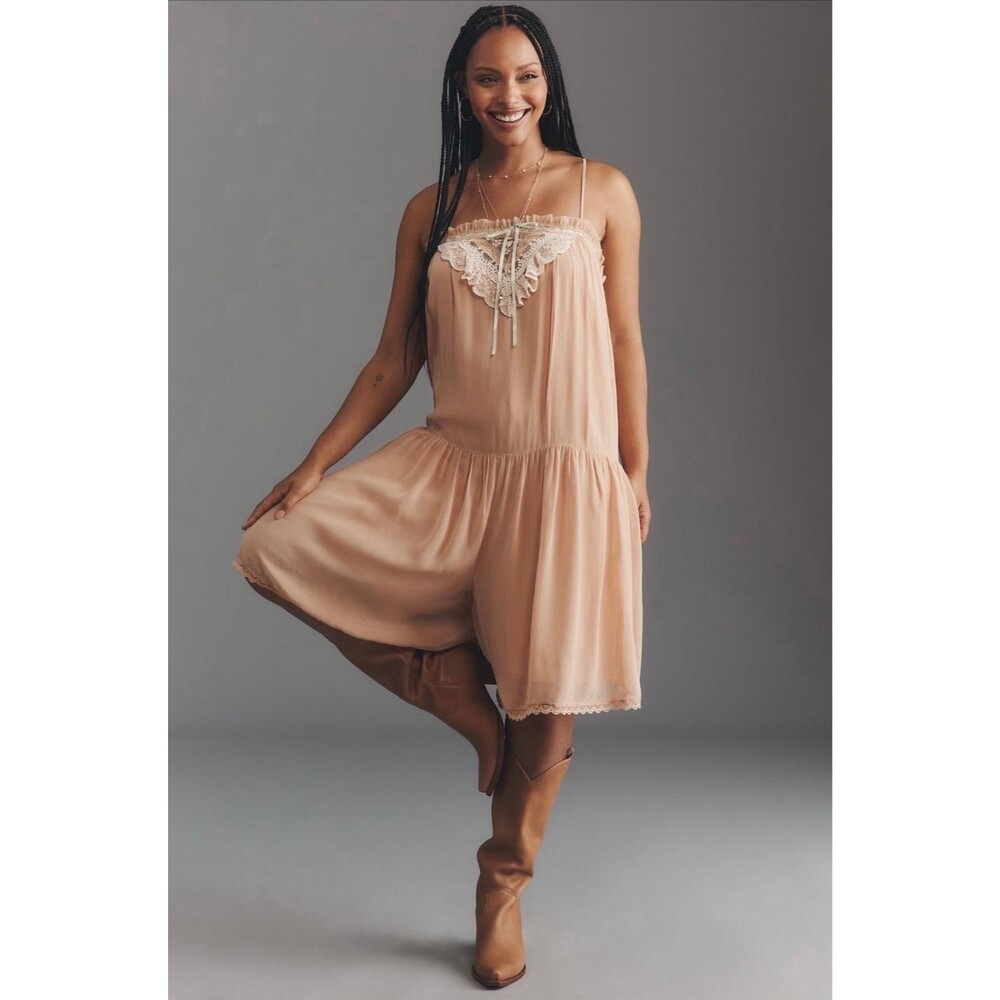 ANTHROPOLOGIE New Women's Size XL Lace Square‎ Neck Romper Blush Pink INDIA Made